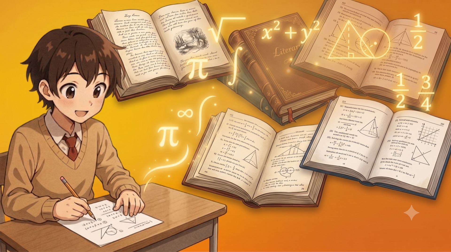 Illustrated student happily working through math problems, with formulas, geometry, and books floating in the air
